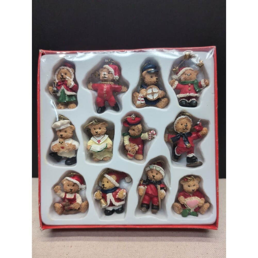 Vintage 12 Miniature Bear Hanging Detailed Christmas Ornaments Package Sealed